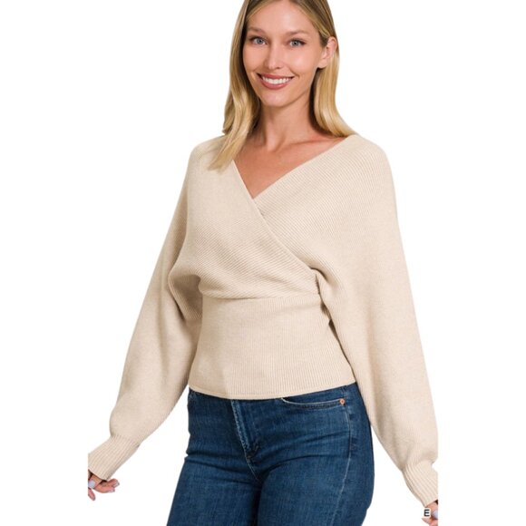 ZENANA Cross Wrap Rib Long Sleeve Sweater Cream Medium - Picture 1 of 7